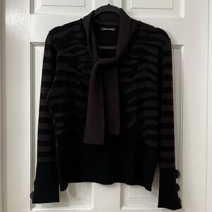 Michael Simon Black Brown Zebra Stripe Tie Neck Sweater Top Career Cozy Size M‎